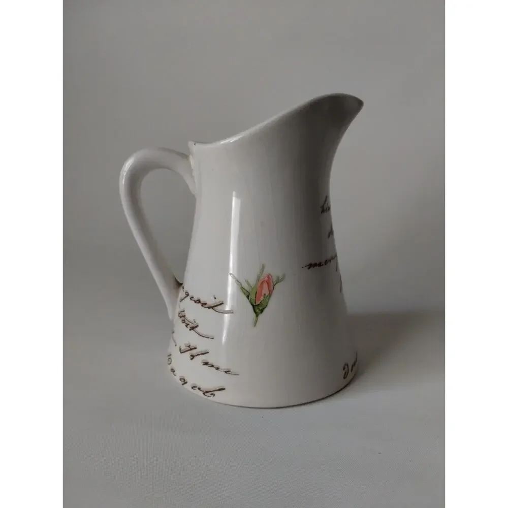 Teleflora Paris Rose Ceramic Pitcher Vase French Script Floral Shabby Chic